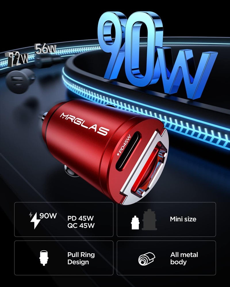 MRGLAS 90W USB C Car Charger Fast Charge, PD45W & QC45W, Flush Fit, Extra 3.3ft Type C Cable, All Metal, Cigarette Lighter USB Charger for iPhone 16 15 Pro Samsung S25 S24 S23 Ultra Pixel 8/8Pro/7-Red - Image 2